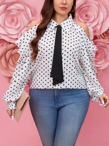 SHEIN LUNE Plus Size Elegant Polka Dot Off Shoulder Long Sleeve Shirt New Year Summer Women's Clothing