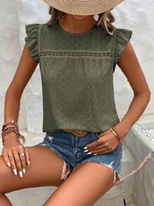 SHEIN Frenchy maglietta con scollo rotondo, orlatura di pizzo e rifiniture arricciate con ricami occhiellati
