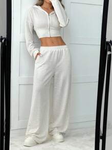 SHEIN EZwear Set casual da donna composto da 2 pezzi, maglia con chiusura lampo e cappuccio a maniche lunghe con spalle scoperte e pantaloni, adatto per l'autunno