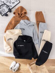 SHEIN Leap Crew Set de 8 piezas de sudadera con capucha con estampado de letras y pantalones de cintura elástica básicos y casuales para niño y niña bebé, multicolor, adecuado para otoño e invierno - Caqui - Ver 5