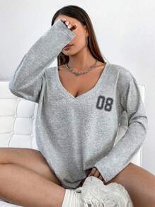 Flirla 大码女式数字印花性感V领长袖T恤图案T恤女式春秋季上衣女装 - 淺灰色 - 查看 4