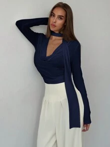 Aloruh Elegant Shirred Neck Long Sleeve Fitted Women T-Shirt