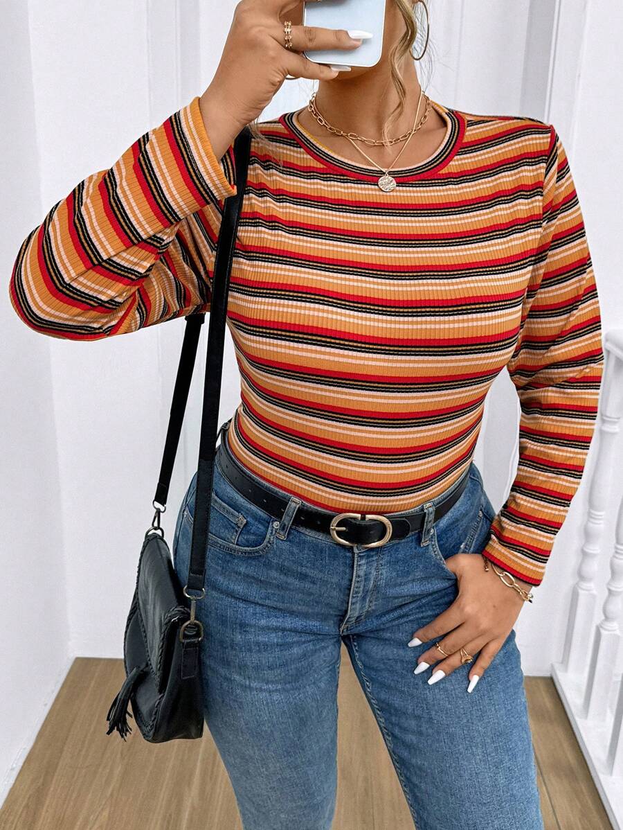 SHEIN LUNE 大码休闲条纹长袖连体衣秋季新年女装女士连体衣女士生日服装冬季情人节商务休闲女装 - 彩色 - 查看 1