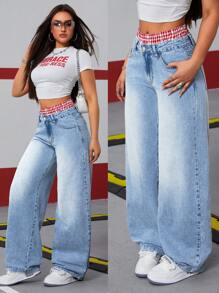 SHEIN ICON Damen Karomuster Gürtel Hüftjeans mit weiter ausgestellter Passform in ausgewaschener Optik