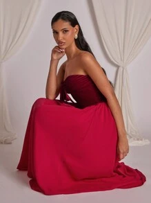 COSMINA Women's Elegant Patchwork Strapless Midi Dress For Party - Red - View 5