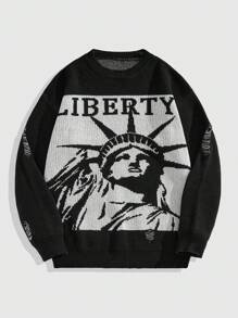 ROMWE MEN Grunge Punk Maglione girocollo da uomo con motivo della Statua della Libertà consumato
