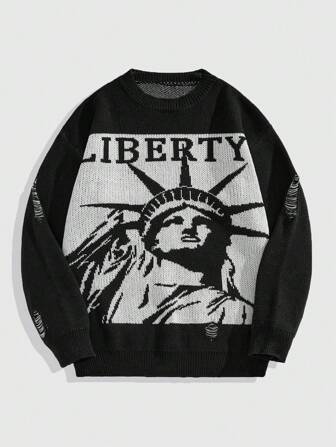 Grunge Punk Jersey de cuello redondo con patrón de la Estatua de la Libertad desgastado para hombre