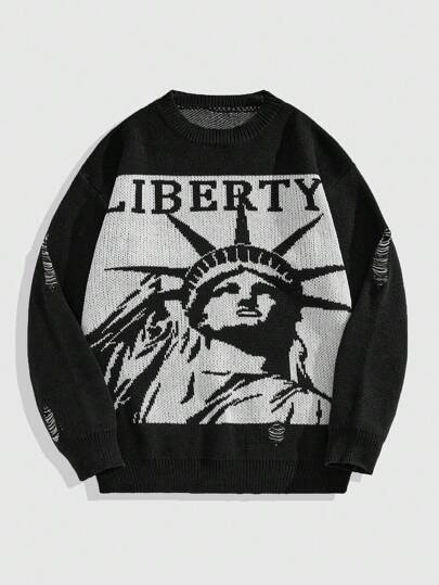 Grunge Punk Men's Liberty Statue Pattern Distressed Crew Neck Sweater