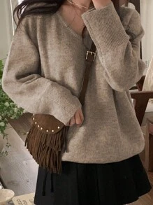 DAZY Women's Solid Color V-Neck Long Sleeve Casual Sweater, Autumn/Winter - Khaki - View 3