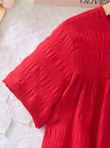 Vestido casual suelto y cómodo de vacaciones para niña preadolescente, de tela texturizada rosa - Rojo - Ver 3