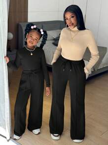 Slaydiva 青少年女孩休闲针织圆领长袖上衣和直腿裤套装