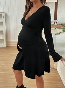 SHEIN V-Neck Waisted Long Sleeve Black Maternity Dress, New Autumn Collection