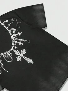 ROMWE MEN Goth Vintage Necklace Pattern Print Short Sleeve T-Shirt, Street Fashion Men's Casual Tee