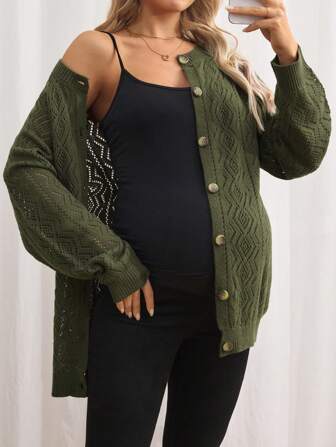 SHEIN Effen kleur lange mouwen enkelrijs casual holle gebreide cardigan voor zwangere vrouwen voor herfst/winter