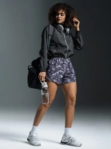 POWERISTA Powerista Dames Zwarte Letter Print Lange Mouw Ritssluiting Losse Casual Sportjas Voor Hardlopen & Dagelijkse Training