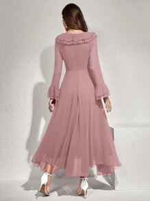 Modelyn 女士纯色荷叶边喇叭袖超长优雅连衣裙长款晚礼服 - 粉色 - 查看 3