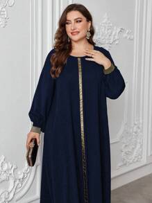Al Najma 宽松圆领阿拉伯大码女式连衣裙，优雅朴素的阿拉伯长袍，适合日常休闲 - 藏蓝色 - 查看 5
