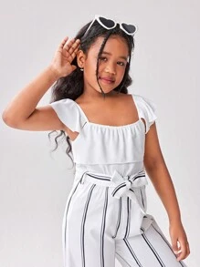 SHEIN Conjunto de 2 piezas para niñas y niñas pequeñas: Top con mangas abullonadas de efecto metálico brillante combinada con falda plisada en línea A, de tela cómoda y suave, adecuada para ocasiones casuales, salidas, fiestas, vacaciones y la escuela
