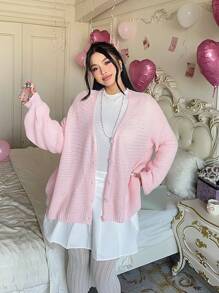Sunnyshic Áo len cardigan dài tay màu hồng họa tiết vỏ sò tối giản thời trang dành cho nữ, mùa thu/đông - Hồng - Xem 3