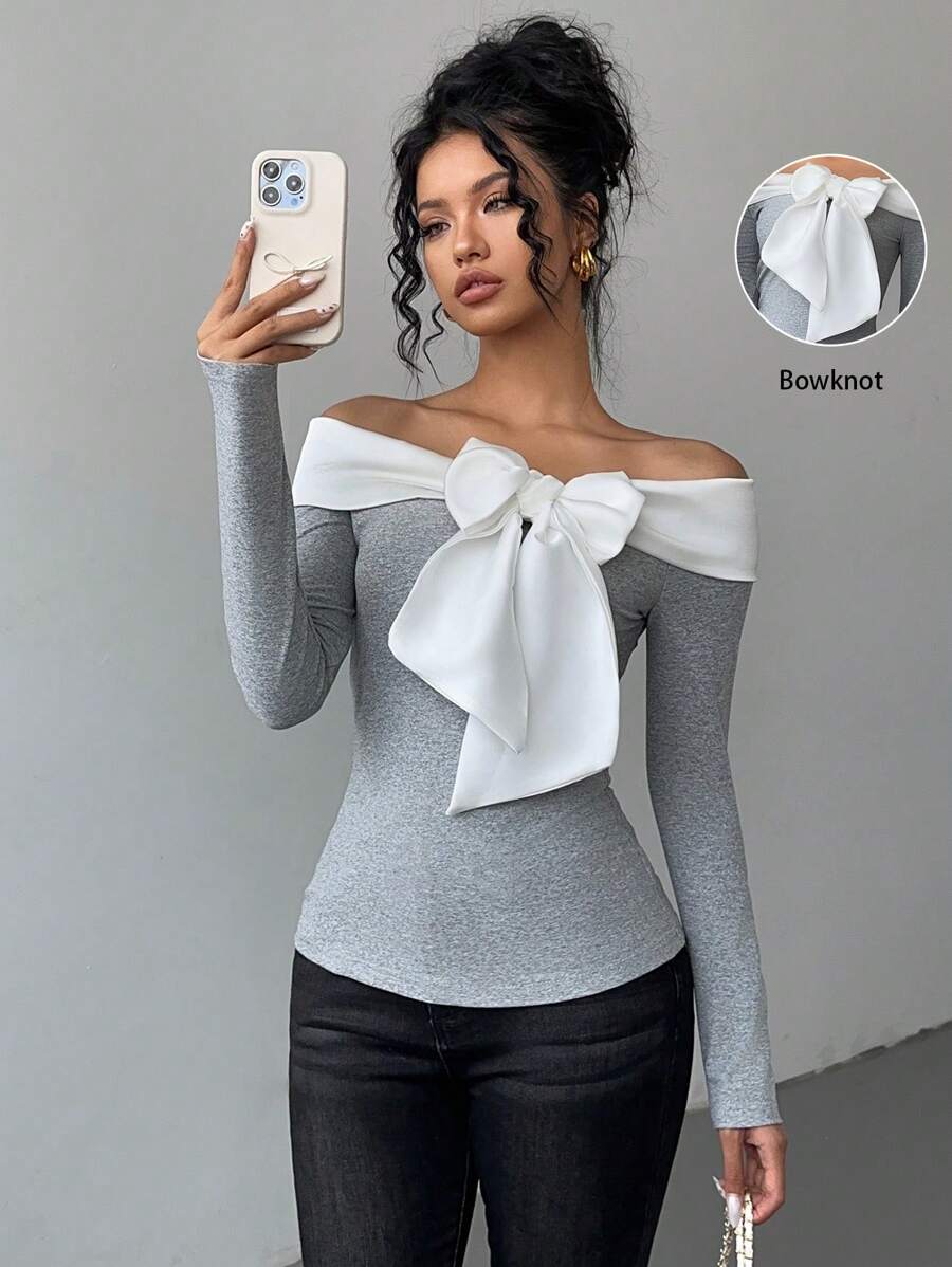 Chiquease Women Elegant Contrast Color Off Shoulder Bowknot Tie T-Shirt, Autumn