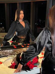 Allurite Plus Size Women's Black Satin V-Neck Long Sleeve Blouse With Tassel, Elegant And Sexy For Formal Occasions Valentine's Day