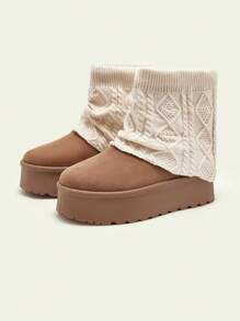 Cuccoo Girl's Solid Color Round Toe Faux Suede Thick Sole Boots, Fashion Winter Lady's Knitted Sock Boots New Year Holiday - Brown - View 2