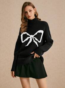 Poéselle 秋冬必备舒适别致女式高领毛衣，优雅蝴蝶结提花设计，长袖奢华粗针织色块宽松套头衫，适合秋季分层穿着，时尚冬季衣橱必备百搭长袖，适合白天到夜晚穿着，引人注目的女性气息，适合寒冷季节的时尚 - 黑色 - 查看 4