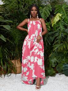 Slaydiva 夏季假期薄款吊带 A 字下摆长裙绿色植物全身印花女士连衣裙 - 西瓜粉 - 查看 5