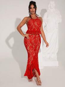 SHEIN SXY Women's Elegant 2Pcs Set: Lace Ruffle Hem Halter Neck Tank Top And Fish Tail Skirt - Red - View 5