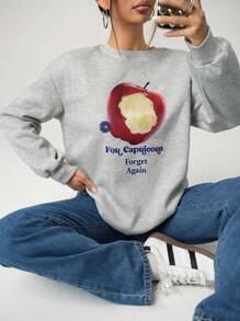 INAWLY Sudadera casual de mujer con estampado de letra de manzana, jersey de otoño/invierno - Gris - Ver 6