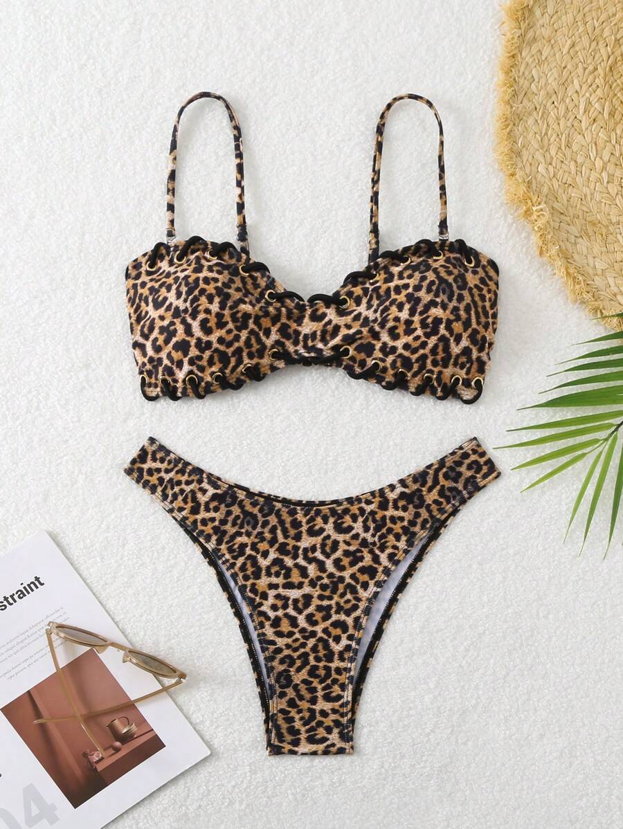 2025 New Summer Leopard Print LaceUp Sexy Women 2pcs Bikini Set for