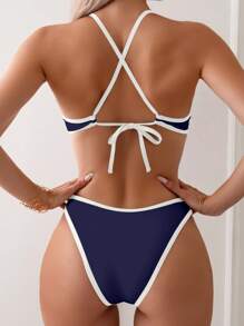 Swim Mod Contrasting Trim Sporty Triangle Bikini Top & Panty Set, Casual And Fashionable, Suitable For Daily & Swimming Summer - Navy Blue - View 3