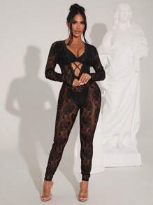 SHEIN SXY Mono de mujer de unicolor, de manga larga, transparente con aplicaciones de encaje y ajustado