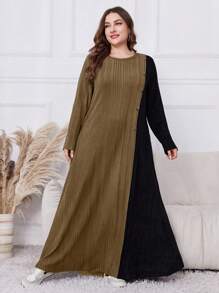 Al Najma Asymetryczna sukienka z długim rękawem w stylu "Distressed Colorblock", Plus Size, Jesień-Zima, Swobodne, Skromne sukienki w kształcie litery A o długości maxi, Na co dzień/podróż/do domu