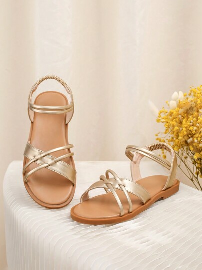 Dziewczęce modne codzienne złote płaskie sandały