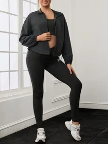 SHEIN Gravid sportig triangel 2st set, screentryck designjacka med justerbar dragkedja - Svart - Visa 4