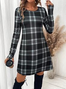 SHEIN LUNE 女式休闲格子印花圆领长袖连衣裙 - 彩色 - 查看 4