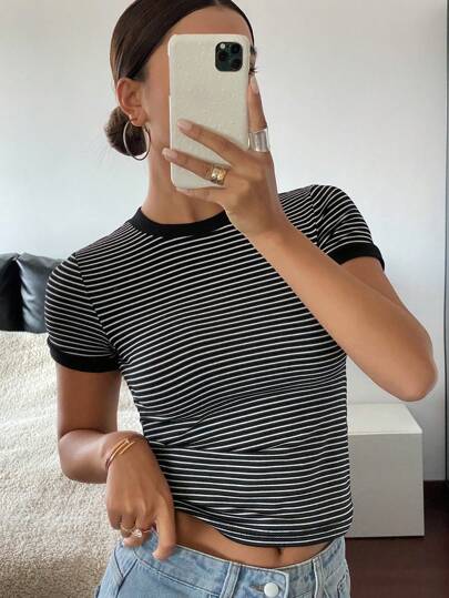 Livesso Women Striped Short Sleeve Slim Fit T-Shirt, Minimalist Fashion For Casual Daily Wear