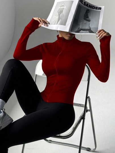 Dewbera Chaqueta ajustada para activewear de yoga con cremallera, camiseta de manga larga con compresión elástica para entrenamiento casual, gimnasio y correr