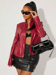 SHEIN SXY Cold Fall Winter Clothes Women's Autumn Zip-Up Red PU Leather Stand Collar Jacket