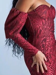 Armand 设计师款勃艮第动物印花露肩垂袖迷你优雅连衣裙，派对度假优雅连衣裙，适合节日、生日服装、春夏、海滩、节日、伊比沙岛装扮、婚礼、舞会礼服 - 酒紅色 - 查看 7