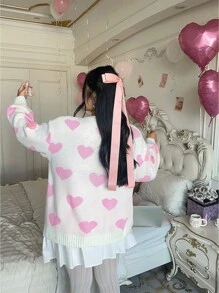 Flirla Plus Size Women Heart Pattern 3D Jacquard Lantern Sleeve Sweater, Round Neck Casual Drop Shoulder Long Sleeve Pullover, Suitable For Valentine's Day Holiday, Indoor/Outdoor Wear, Featuring Heart Knit Pullover Fall Winter Outfit