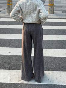 SHEIN EZwear Women's Summer Drawstring Waist Pockets Straight Leg Loose Casual Pants, Versatile - Black - View 2