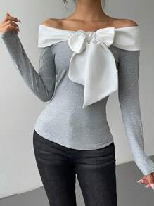 Chiquease Women Elegant Contrast Color Off Shoulder Bowknot Tie T-Shirt, Autumn