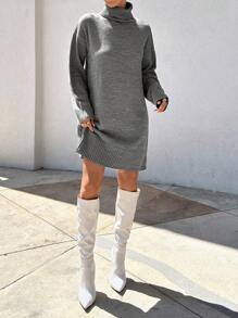 EURMUSE Women High Neck Loose Fit Dropped Shoulder Knit Sweater Dress, Casual For Autumn & Winter - Dark Grey - View 7