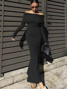 INAWLY Vestido largo elegante de mujer de un solo color con hombros descubiertos y mangas largas - Negro - Ver 6