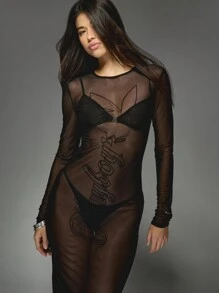 Missguided x Playboy Vestito lungo trasparente con logo in rete, maniche lunghe, abito lungo aderente elegante da festa, club e sera, stile Y2K - nero - Visualizzare 3