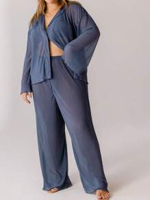 Aralina Curve Casual High-Waisted Lightweight Plisse Wide-Leg Pants - Blue - View 9