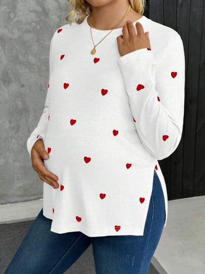 SHEIN Pregnant Women Casual Heart Print Side Slit T-Shirt, Autumn
