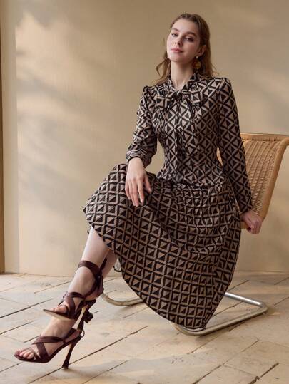 MOTF 几何印花褶饰连衣裙